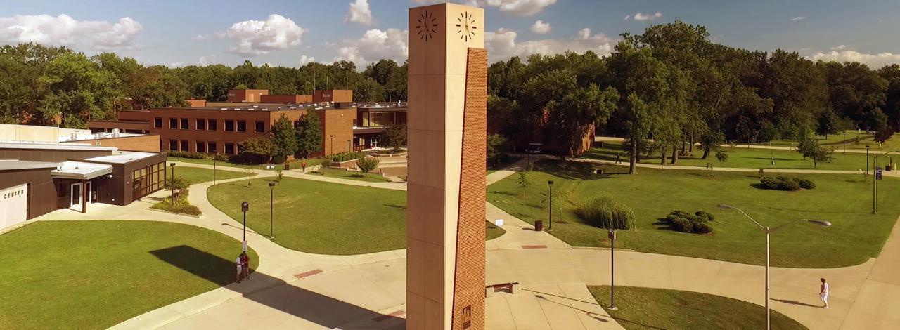 Aerial View of Kaskaskia College main campus, featuring clock tower